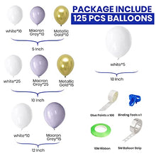 Load image into Gallery viewer, Balloon arch kit 125 Pcs - White, Macron Grey, Gold Metallic Latex Balloons Garland with Knotter and Arch Strip, Birthday Balloons for Boy Girl, Baby Shower, Wedding, and Engagement Party Decorations