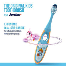 Load image into Gallery viewer, Jordan ® | Step 2 Toothbrush Kids | Kids Toothbrush for Age 3-5 Years Old | Soft Bristles, Dual Ergonomic Handle & BPA Free | Blue & Green Color | Pack 4 Units