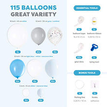 Load image into Gallery viewer, PartyBro Balloon Arch & Garland Kit | Blue, White, Grey, & Silver Balloons | Including Tying Tool, Balloon Tape, & Glue Dots | Decoration for Birthdays, Baby Showers, or Christenings for Boys & Men