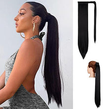 Load image into Gallery viewer, Ponytail Extension 28 Inch Straight Long Wrap Around Pony Tail Extension Magic Paste Ponytail Extension Synthetic Hair Piece Clip in Ponytail Hair Extension for Women Girls, 160g - Dark Black, 1#