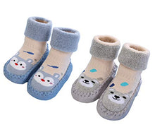 Load image into Gallery viewer, Gavena 2 Pairs of Baby Boy Slipper Socks Indoor Toddler Girls Slippers Combed Cotton Fluffy Newborn Boys Warm Soft Sole Anti-Slip Baby Kids Slip On Socks Shoes, Blue/Grey, 0-6 Months