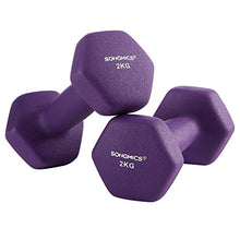 Load image into Gallery viewer, SONGMICS Women's SYL64PL Set of 2 Gym Dumbbells Vinyl in Various Weight and Colour Variations 2 x 2 kg, Purple, 16 x 7.5 cm