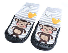 Load image into Gallery viewer, Baby Boys Girls Moccasins NON-SKID Indoor Shoes Socks STRIPED GREY MONKEY (2 Years +)