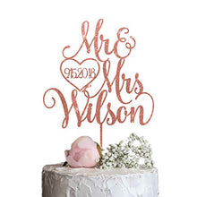 Load image into Gallery viewer, Mr & Mrs Wedding Cake Topper with Last name and Date, Elegant Custom Mr and Mrs Cake Topper, Personalised cake topper also available in Rose Gold, Gold, Silver or Champagne Glitter