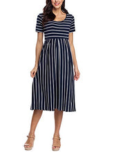 Load image into Gallery viewer, Love2Mi Womens Short-Sleeve Maternity Dress Casual A-Line Midi Pregnant Dress Navy White Stripe L