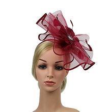 Load image into Gallery viewer, YILEEGOO Women Fascinators Hat Mesh Flower Feathers Hair Clip Hairpin Cocktail Wedding Tea Party Church Hairband (Burgundy, One Size)