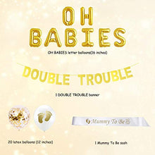 Load image into Gallery viewer, JOYMEMO Twins Baby Shower Decorations Set Gold, Double Trouble Banner Glitter, OH BABIES Confetti Balloons, Mummy To Be Sash for Babies Gender Reveal Party Supplies