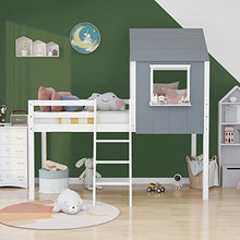 Load image into Gallery viewer, Childrens Cabin Loft Bed Frame, Pine Wood Frame, Mid-Sleeper with Treehouse Canopy & Ladder, Central Ladder, Suitable for Children Boys Girls, No Matress, Gray
