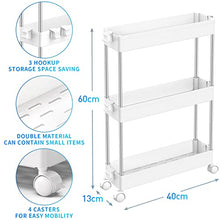 Load image into Gallery viewer, SPACEKEEPER Storage Trolley 3-Tier Slim Storage Cart Slide Out Rolling Utility Cart Mobile Shelving Unit Trolley Organizer Cart for Kitchen Bathroom Laundry Office, Plastic & Stainless Steel, White