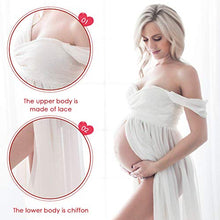 Load image into Gallery viewer, FEOYA Maternity Dress Lace Chiffon Dress for Photos Shoot Front Split Off Shoulder Maxi Dress for Pregnant Women White Size M