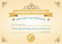 Load image into Gallery viewer, Baby Shower Games. 4 Games Party Pack: Bingo, Charades, Quiz, Trivia + Winners Certificate. Party supplies for 20 people.