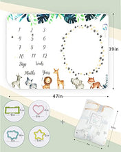 Load image into Gallery viewer, Trongle Baby Monthly Milestone Blanket, Premium Fleece Ultra Soft Baby Milestone Mat for Newborn Boy Girl, Baby Age Blanket with 4 Photograph Décor, Unisex Shower Gifts Wrap Set for Xmas (120x100cm)