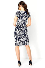Load image into Gallery viewer, Roman Originals Women Twist Knot Ruched Waist Dress - Ladies Shift Pencil Smart Lined 3/4 & Short Sleeve Round Neckline Knee Length Work Fitted Bodycon Stretchy Jersey - Navy & White - Size 12