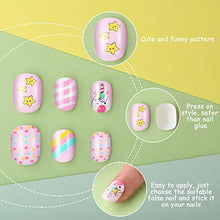 Load image into Gallery viewer, 72 Pieces Kids Stick On Nails False Nails Fake Nails Kit ress on Artificial Nail Tip Girl Fingernail Full Cover Short for Girls Children Nail Art Decoration, 3 Boxes (Cat, Unicorn, Dolphin)