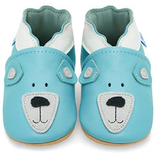 Load image into Gallery viewer, Soft Leather Baby Shoes with Suede Soles - Toddler Shoes - Infant Shoes - Pre Walker Shoes - Crib Shoes - Blue Teddy 0-6 Months