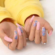 Load image into Gallery viewer, Sethexy Long Matte Ballerina False Nail Blue Butterfly Coffin Fake Nails Pink 24Pcs Acrylic Art Press on Nail Tips for Women and Girls