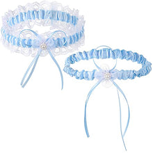 Load image into Gallery viewer, 2 Pieces Blue Lace Garter Belts Bridal Wedding Garter Stretch Lace Bridal Garter Bow Tie Leg Ring Cute Lace Leg Band Elastic Leg Ring with Flower Prom Dance Cosplay Party for Bridal Bridesmaid
