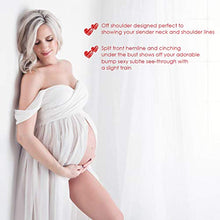 Load image into Gallery viewer, FEOYA Maternity Dress Lace Chiffon Dress for Photos Shoot Front Split Off Shoulder Maxi Dress for Pregnant Women White Size M
