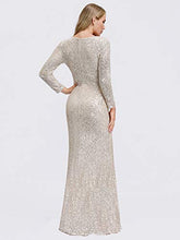 Load image into Gallery viewer, Ever-Pretty Women's V Neck Floor Length Long Sleeve Thigh High Slit Sequin Mermaid Ball Evening Dresses Champagne 16UK