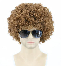 Load image into Gallery viewer, Topcosplay 3 PCS Men's Wig 70s 80s Disco Dude Dirt Bag Wig & Moustache Necklace Short Curly Afro Shaggy Wig Blonde Mixed Black (Light Brown)