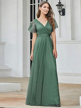 Load image into Gallery viewer, Ever-Pretty Women's V Neck Floor Length A Line Empire Wasit Short Sleeve Tulle Long Prom Dresses Green 8UK