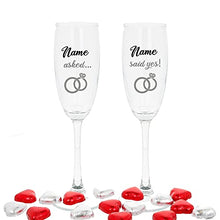 Load image into Gallery viewer, Personalised Engraved Engagement Set of 2 Champagne Flute Glass Set Asked Said Yes with Names Congratulations on Your Engagement Gift (Filled with Chocolate Hearts)