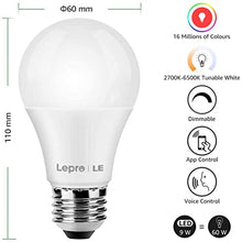 Load image into Gallery viewer, LE WiFi Smart Bulb E27, RGB Colour Changing, Warm to Cool White LED Screw Bulb, 9W, Dimmable, 806LM, RGBCW, APP and Voice Control, Works with Alexa and Google Home, Pack of 2 (2.4GHz Only)