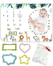 Load image into Gallery viewer, Trongle Baby Monthly Milestone Blanket, Premium Fleece Ultra Soft Baby Milestone Mat for Newborn Boy Girl, Baby Age Blanket with 4 Photograph Décor, Unisex Shower Gifts Wrap Set for Xmas (120x100cm)