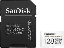 Load image into Gallery viewer, SanDisk HIGH ENDURANCE Video Monitoring for Dashcams & Home Monitoring 128 GB microSDXC Memory Card + SD Adaptor, Up to 100 MB/s read and 40 MB/s Write, Class 10, U3, V30, White