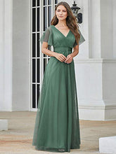 Load image into Gallery viewer, Ever-Pretty Women's V Neck Floor Length A Line Empire Wasit Short Sleeve Tulle Long Prom Dresses Green 8UK