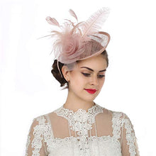 Load image into Gallery viewer, Sinamay Flower Feather Headband Fascinator Wedding Headwear Ladies Race Royal Ascot Pillbox Wedding Cocktail Tea Party Derby Hat For Women (A4-Light Pink)