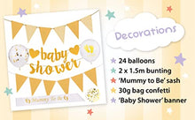 Load image into Gallery viewer, Baby Shower Decorations & Games Pack for Boys/Girls. Unisex Gold/Yellow Design Decos. Bingo + 3 Other Games & Full Set of Baby Shower Decorations - incl Mummy to be Sash, Bunting, Balloons & Confetti.