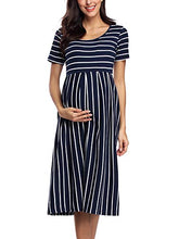 Load image into Gallery viewer, Love2Mi Womens Short-Sleeve Maternity Dress Casual A-Line Midi Pregnant Dress Navy White Stripe L