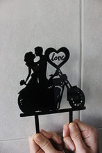 Load image into Gallery viewer, CARISPIBET Wedding Cake Topper Motorcycle Groom and Bride Kiss Heart with love script Marriage Cake Acrylic Silhouette Decoration