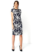 Load image into Gallery viewer, Roman Originals Women Twist Knot Ruched Waist Dress - Ladies Shift Pencil Smart Lined 3/4 & Short Sleeve Round Neckline Knee Length Work Fitted Bodycon Stretchy Jersey - Navy & White - Size 12