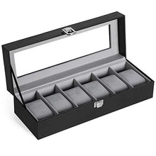 Load image into Gallery viewer, SONGMICS 6-Slot Watch Box, Glass Topped Watch Display Storage Case as Gift, with Velvet Lining, Cushions, and Lock, 30 x 11.2 x 8 cm, Black Synthetic Leather, Grey Lining JWB06BK