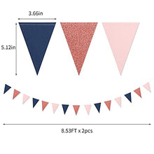 Load image into Gallery viewer, Navy Blue Pink Rose Gold Paper Pennant Banner,2 Pack Glitter Sprinkles Glitter Triangle Flags, Birthday Graduation Gender Reveal Wedding Baby Shower Party Decoration Bunting Lasting Surprise