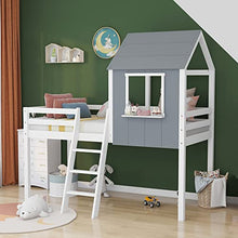 Load image into Gallery viewer, Childrens Cabin Loft Bed Frame, Pine Wood Frame, Mid-Sleeper with Treehouse Canopy & Ladder, Central Ladder, Suitable for Children Boys Girls, No Matress, Gray