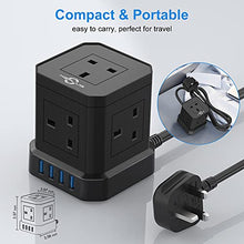 Load image into Gallery viewer, Cube Extension Lead with USB Slots, 5 Way Plug Extension with 4 USB(3.1A), KEPLUG Black Multi Plug Power Strip 2m Extension Cable,3250W/13A UK Power Socket Extension Cord for Desk Home Office Travel