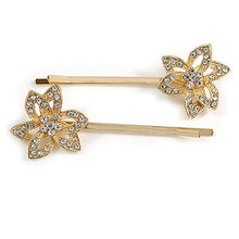 Load image into Gallery viewer, Avalaya 2 Bridal/Prom Clear Crystal Flower Hair Grips/Slides in Gold Tone - 65mm Across