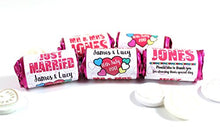 Load image into Gallery viewer, Personalised Mini Love Hearts Favours Just Married for Guests Table Favours. Each roll Contains 7 indivudual Sweets Suitable for Vegetarians (60)