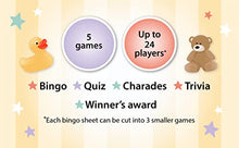 Load image into Gallery viewer, Baby Shower Decorations & Games Pack for Boys/Girls. Unisex Gold/Yellow Design Decos. Bingo + 3 Other Games & Full Set of Baby Shower Decorations - incl Mummy to be Sash, Bunting, Balloons & Confetti.
