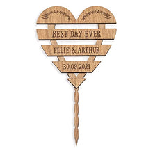 Load image into Gallery viewer, Personalised Wedding | Anniversary wooden cake topper - Personalise with surname and date - Mr and Mrs Cake decoration – rustic heart wood toppers