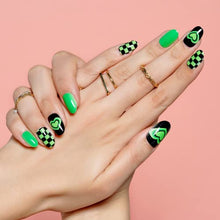 Load image into Gallery viewer, Press on Green Nails Medium Short Almond, Neon Green Acrylic Oval Fake Nails with Checkerboard Design Stick Glue on Nails 24PCS Reusable False Nail Tips with 48Pcs Adhesive Tabs Nail File, Cuticle Stick, Gift for Girlfriend/Women GLAMERMAID