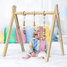 Load image into Gallery viewer, COSTWAY Baby Wooden Play Gym, Foldable Infants Gym Frame with Hanging Bar, 3 Teething Toys, Mobile Baby Exercise Activity Set for Newborn (Natural)