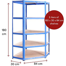 Load image into Gallery viewer, G-Rack Garage Corner Shelving Unit: 180 x 90 x 90 x 30 x 84 cm | Single bay, Blue 5 Tier Unit | 175kg Load Weight Per Tier (875kg Per Unit) | Home, Office, Garage or Business Use | 5 Year Warranty