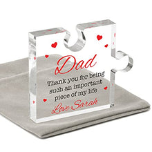 Load image into Gallery viewer, Daddy Thank You Gifts From Son Daughter - PERSONALISED Jigsaw Shaped Acrylic Puzzle Block for Dad Daddy - Grandad Gifts - Step Dad - Gift for Dad - Fathers Day Present - With Grey Bag (Personalised)
