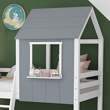 Load image into Gallery viewer, Childrens Cabin Loft Bed Frame, Pine Wood Frame, Mid-Sleeper with Treehouse Canopy & Ladder, Central Ladder, Suitable for Children Boys Girls, No Matress, Gray【UK Fast Shippment】