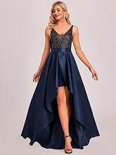 Load image into Gallery viewer, Ever-Pretty Women's V Neck Elegant A Line Hi-Low Empire Waist Satin Skirt Long Evening Gowns Dresses with Sequin Navy Blue 18UK