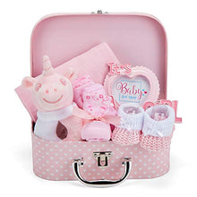 Load image into Gallery viewer, Baby Gift Set - Pink Hamper Box for Baby Girl with Baby Gifts Including a Rattle, Photo Frame, Muslin Cloth, Bib, Socks, Mitts and Hat…